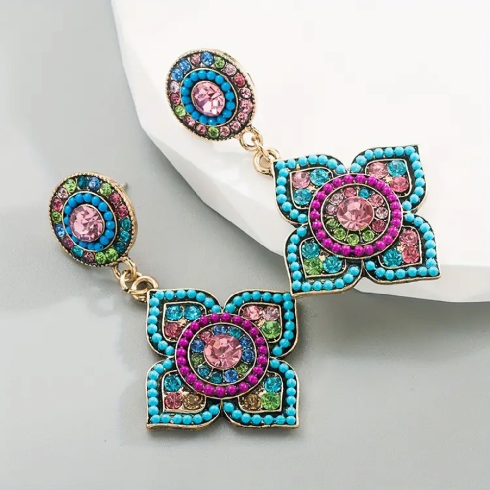 Bohemian beaded mosaic rhinestone flower multicolored drop earrings for women